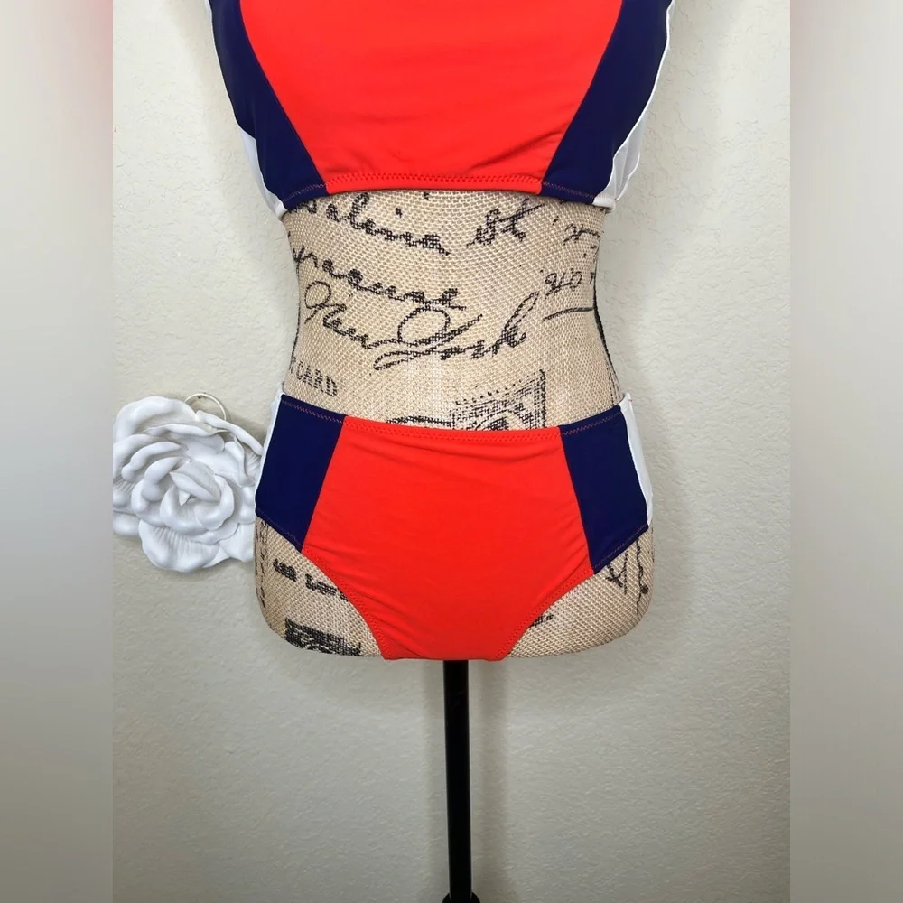 Cupshe Colorblock Bikini Set Orange Blue White Mid Rise Swim Size M - Picture 6 of 16